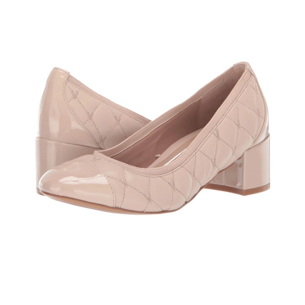 Vionic Ruby Nude Quilted Leather Patent Cap Toe Block Heel Pumps Size 9 VW1840S